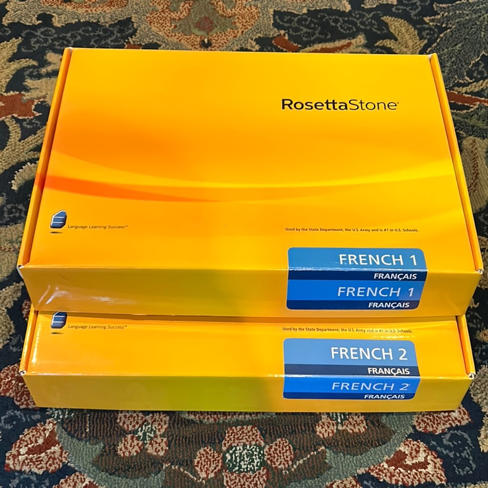 RosettaStone French 1 and 2 language learning kits.